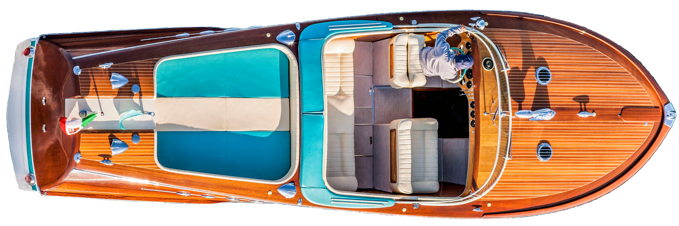 Classic wooden speedboat seen from above